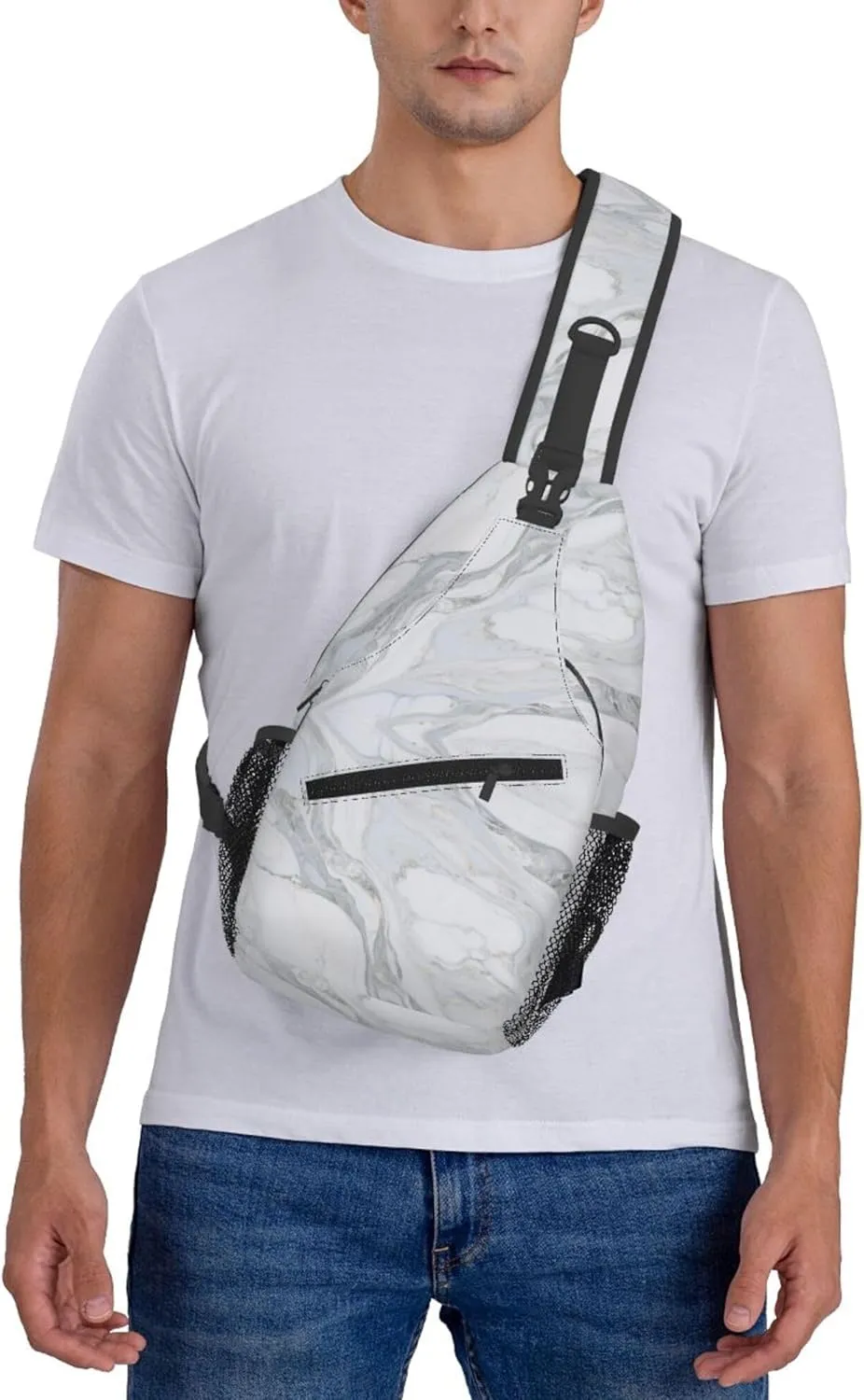 Ultra Lightweight Sling Shoulder Backpack Shoulder Crossbody Bag Chest Pack Multipurpose Anti-Theft Daypack for Outdoors Camping Hiking Trekking, White Marble Texture Art