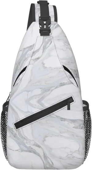 Ultra Lightweight Sling Shoulder Backpack Shoulder Crossbody Bag Chest Pack Multipurpose Anti-Theft Daypack for Outdoors Camping Hiking Trekking, White Marble Texture Art