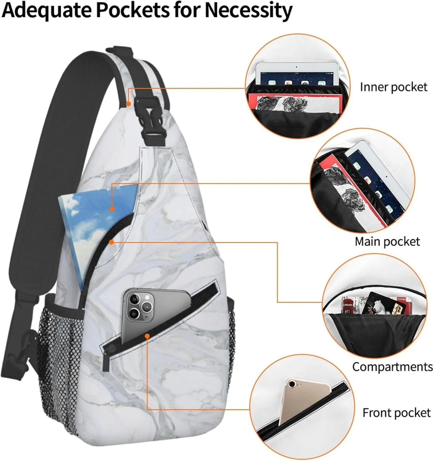 Ultra Lightweight Sling Shoulder Backpack Shoulder Crossbody Bag Chest Pack Multipurpose Anti-Theft Daypack for Outdoors Camping Hiking Trekking, White Marble Texture Art