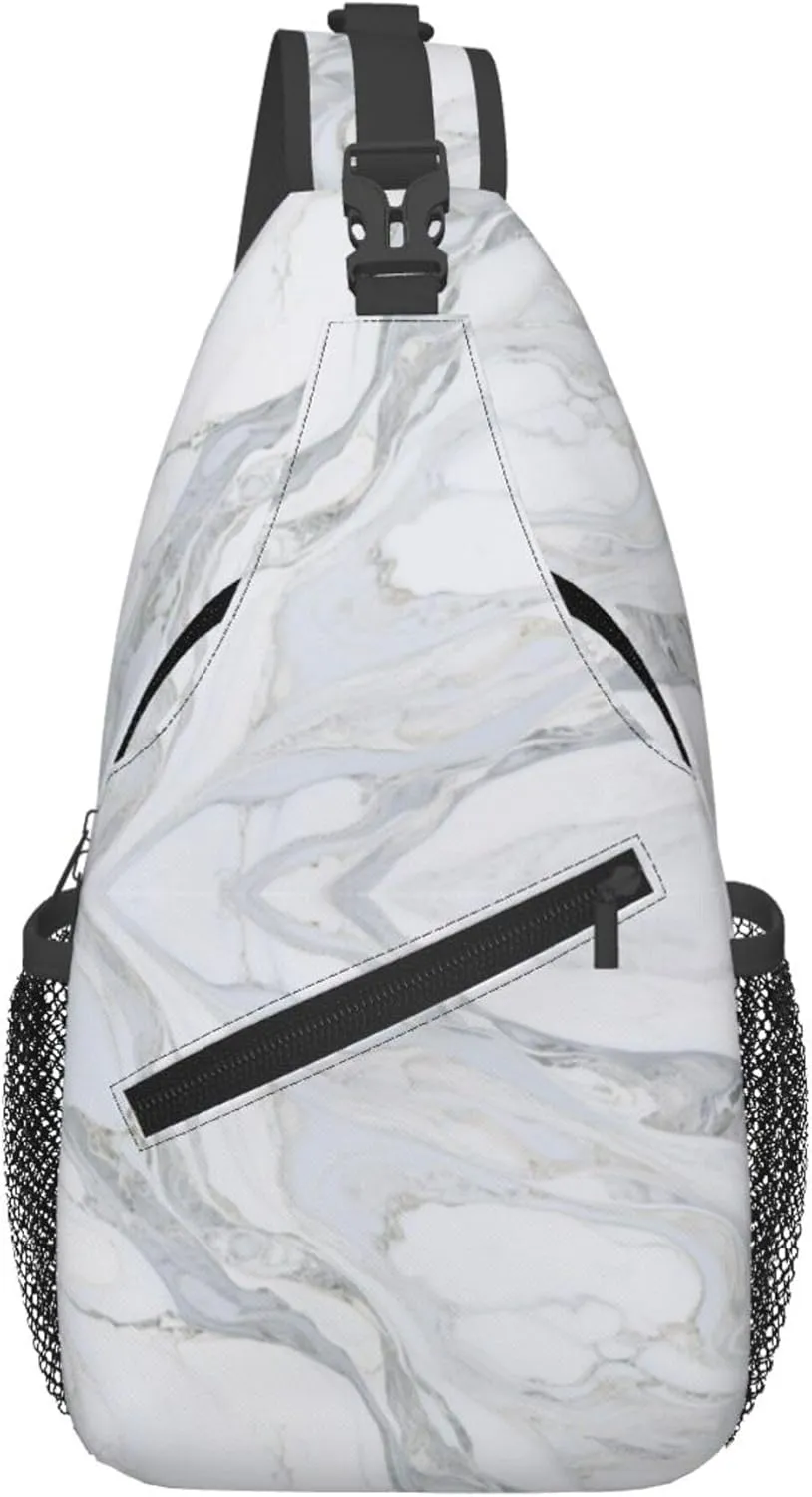 Ultra Lightweight Sling Shoulder Backpack Shoulder Crossbody Bag Chest Pack Multipurpose Anti-Theft Daypack for Outdoors Camping Hiking Trekking, White Marble Texture Art