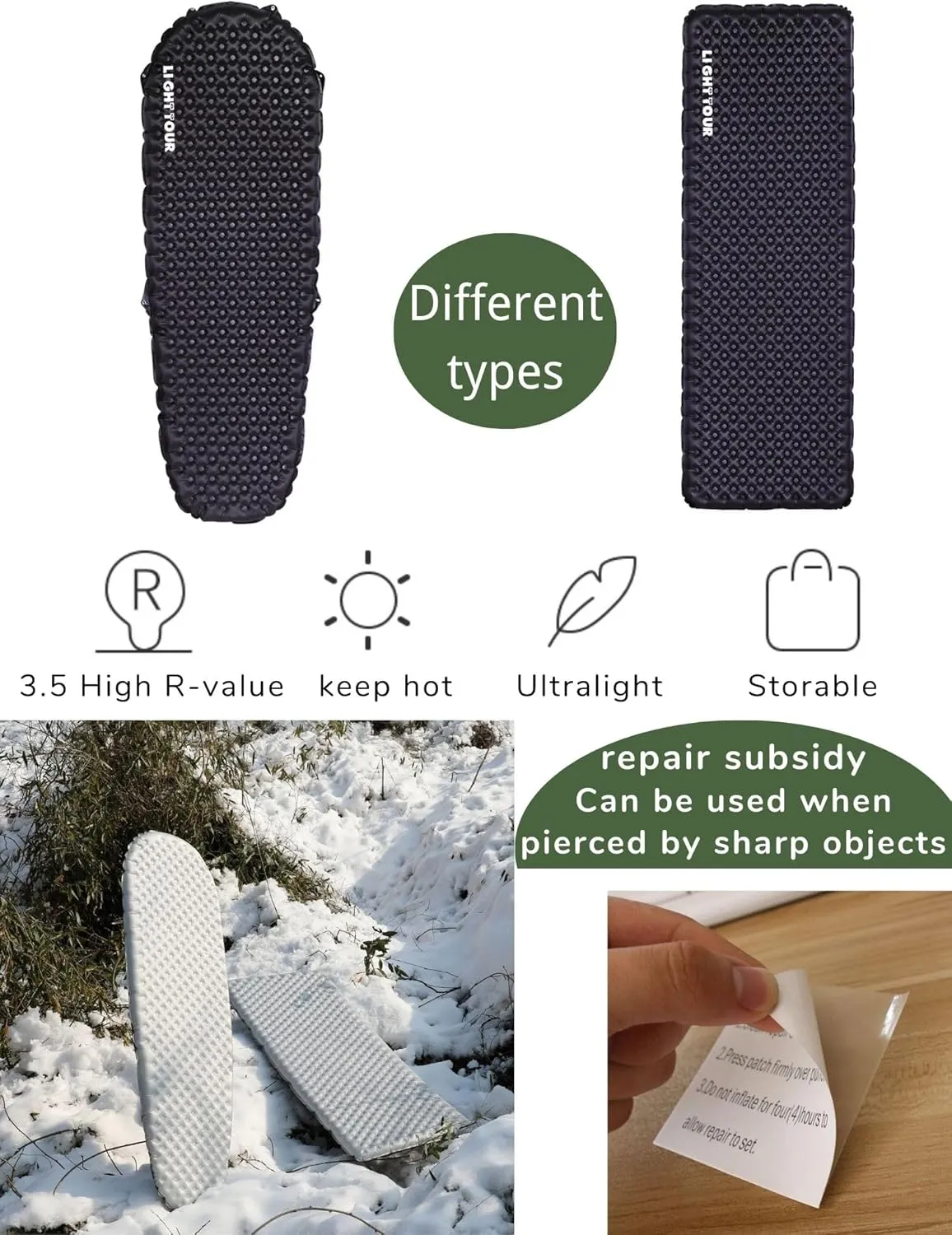 Ultralight Sleeping Pad, Ultra-Light Inflating Camping Mat, 415g-620g, R-Value 3.5/5.8, 7cm Thickened, Space-Saving, Lightweight Camping Equipment (R3.5-Mummy-Small)
