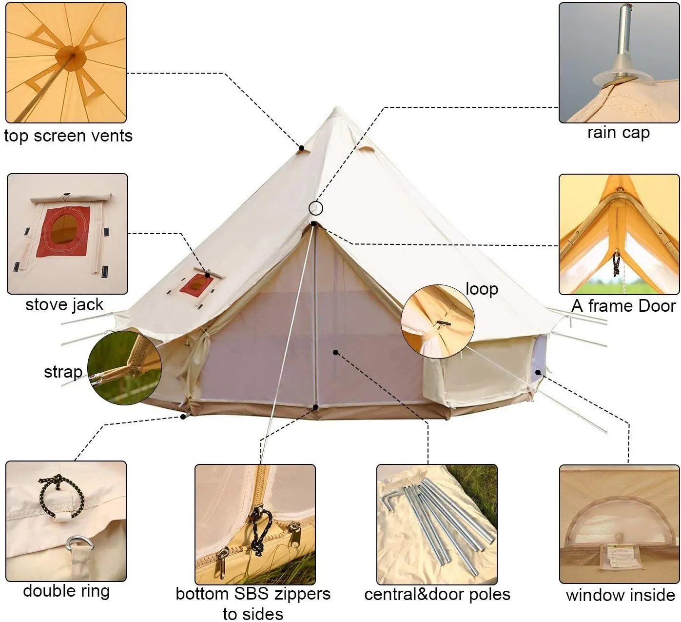 UNISTRENGH Luxury 4 Season Waterproof Cotton Canvas Bell Tent Large Glamping Tent Yurt Teepee with Roof Stove Jack Hole for Camping Hiking Christmas
