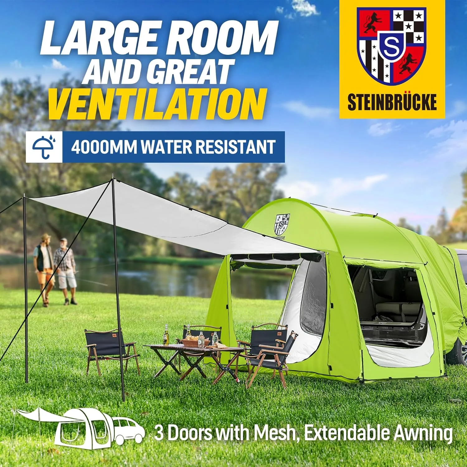 Universal SUV Camping Tent with Spacious Awning, 4000mm Waterproof Car Tent, Up to 4-Person Sleeping Capacity Camping Accessories, Easy Setup for Backpacking Traveling Hiking Outdoors