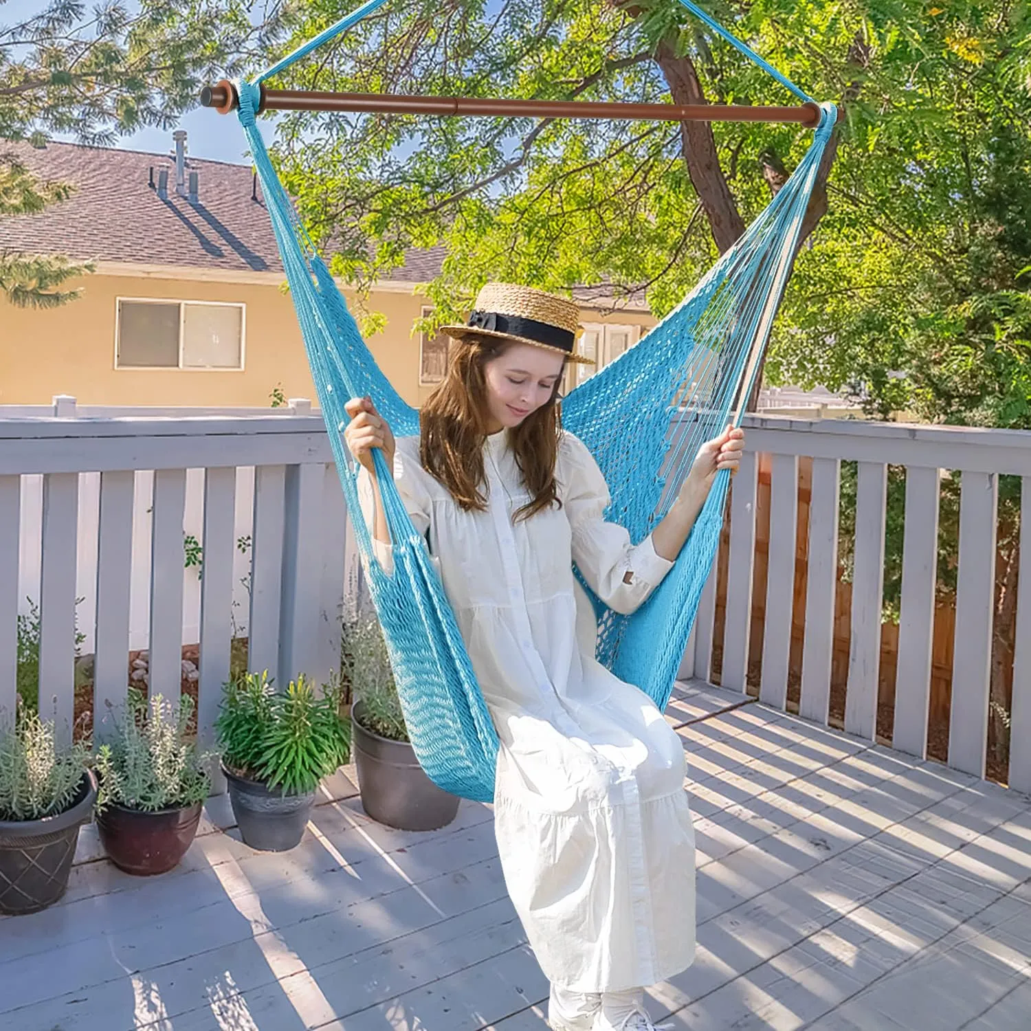 Upgraded Caribbean Hammock Chair with Detachable Metal Bar, Large Hammock Swing Chair, XL Rope Hanging Chair for Outdoor Indoor, 330 LBS Weight Capacity, DeepSkyBlue