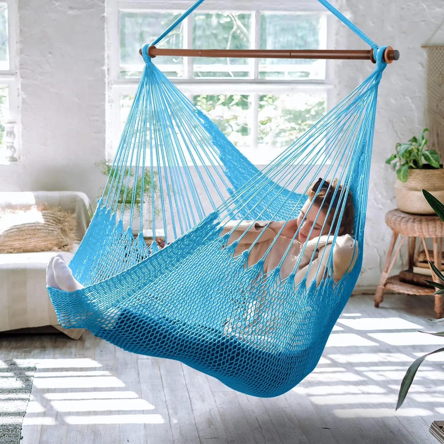 Upgraded Caribbean Hammock Chair with Detachable Metal Bar, Large Hammock Swing Chair, XL Rope Hanging Chair for Outdoor Indoor, 330 LBS Weight Capacity, DeepSkyBlue