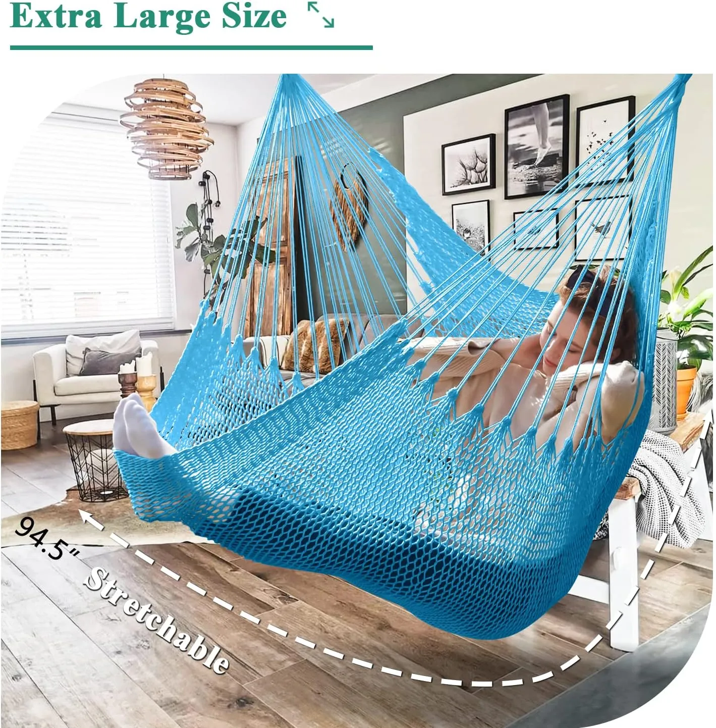 Upgraded Caribbean Hammock Chair with Detachable Metal Bar, Large Hammock Swing Chair, XL Rope Hanging Chair for Outdoor Indoor, 330 LBS Weight Capacity, DeepSkyBlue