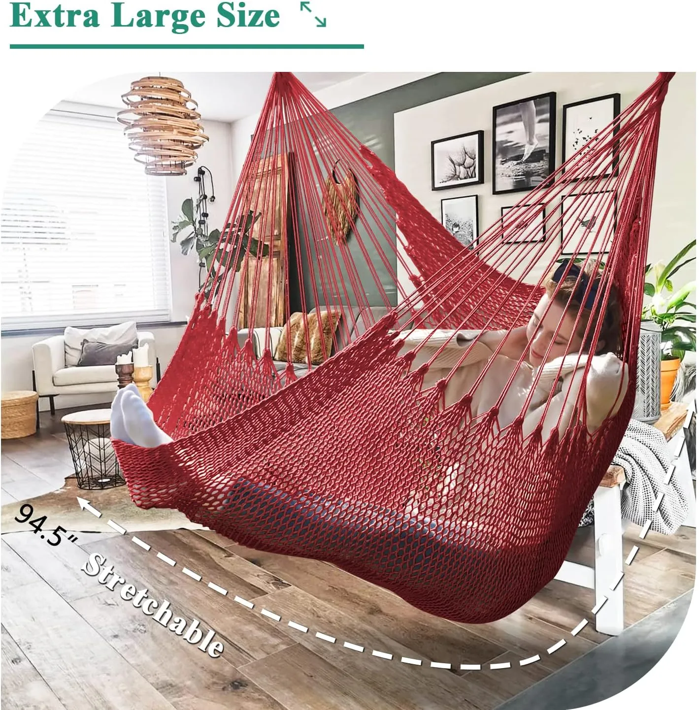 Upgraded Caribbean Hammock Chair with Detachable Metal Bar, Large Hammock Swing Chair, XL Rope Hanging Chair for Outdoor Indoor, 330lbs Weight Capacity, FireBrick