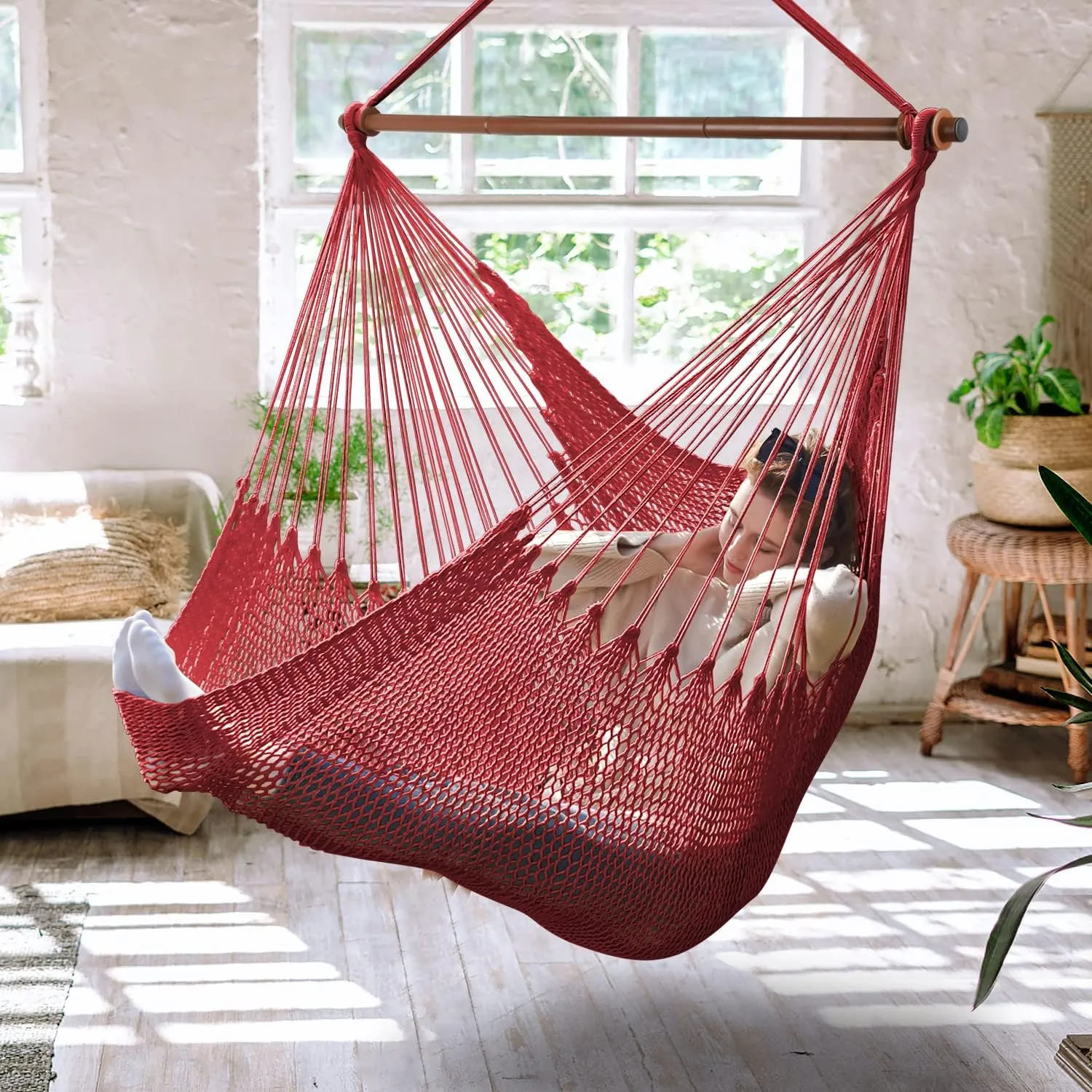 Upgraded Caribbean Hammock Chair with Detachable Metal Bar, Large Hammock Swing Chair, XL Rope Hanging Chair for Outdoor Indoor, 330lbs Weight Capacity, FireBrick