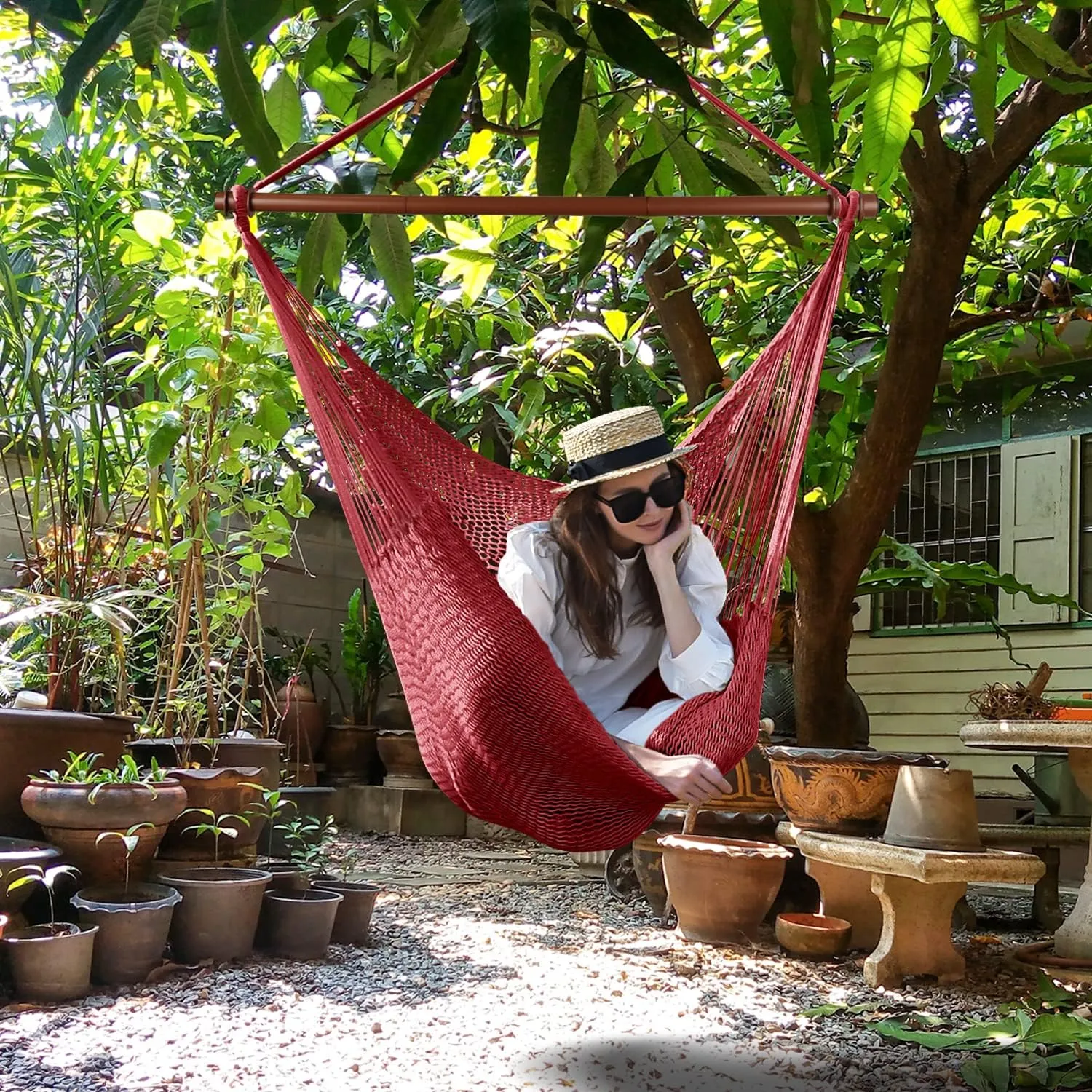 Upgraded Caribbean Hammock Chair with Detachable Metal Bar, Large Hammock Swing Chair, XL Rope Hanging Chair for Outdoor Indoor, 330lbs Weight Capacity, FireBrick