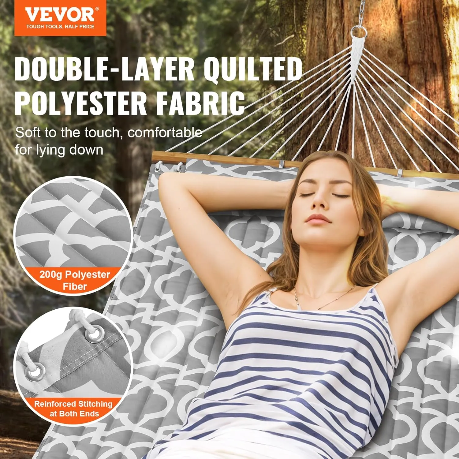 VEVOR Double Hammock, 12 FT with Hardwood Spreader Bars, Quilted Hammock with Detachable Pillow and Chains for Camping, Outdoor Patio, Yard, Beach, 480 lbs Capacity