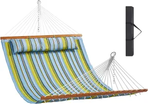 VEVOR Double Quilted Fabric Hammock, 12 FT Double Hammock with Hardwood Spreader Bars, Detachable Pillow and Chains for Camping Outdoor Patio Yard Beach, 480 lbs Capacity