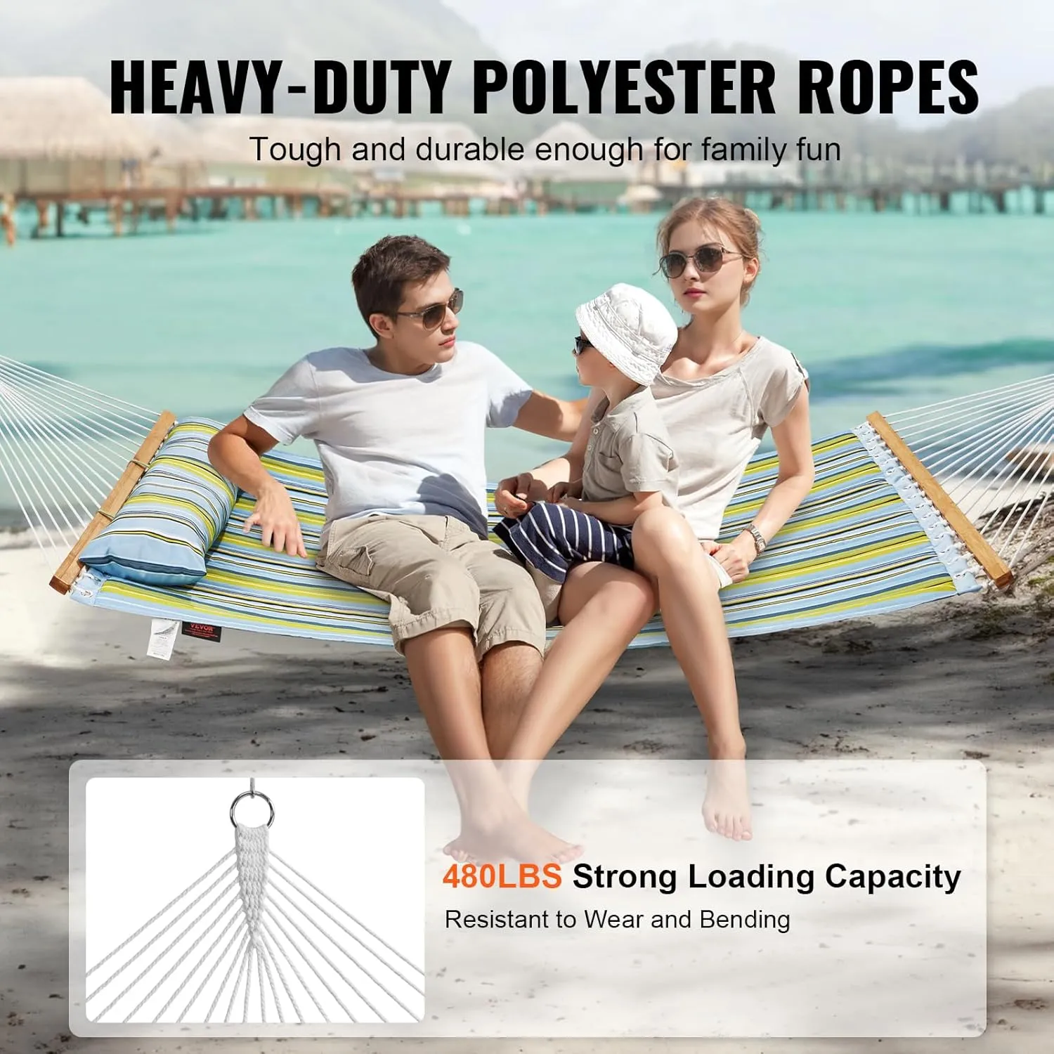 VEVOR Double Quilted Fabric Hammock, 12 FT Double Hammock with Hardwood Spreader Bars, Detachable Pillow and Chains for Camping Outdoor Patio Yard Beach, 480 lbs Capacity