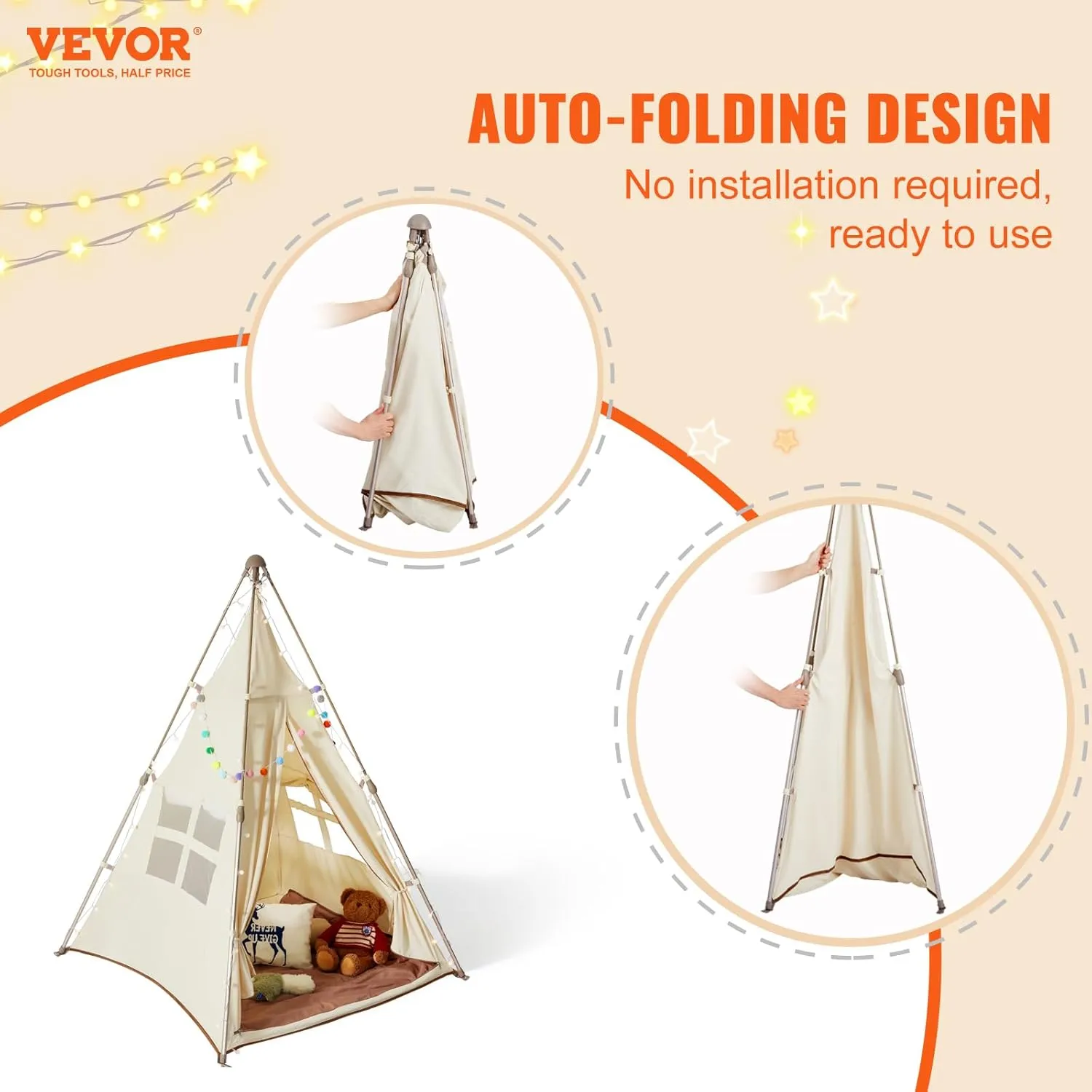 VEVOR Kids Play Tent, Teepee Tent for Kids 3-5 Years Old, Tent for Kids with Windows for Indoor and Outdoor, Foldable Toddler Tent with Mat and Carrying Bag, Kids Tent for Boys and Girls, Beige