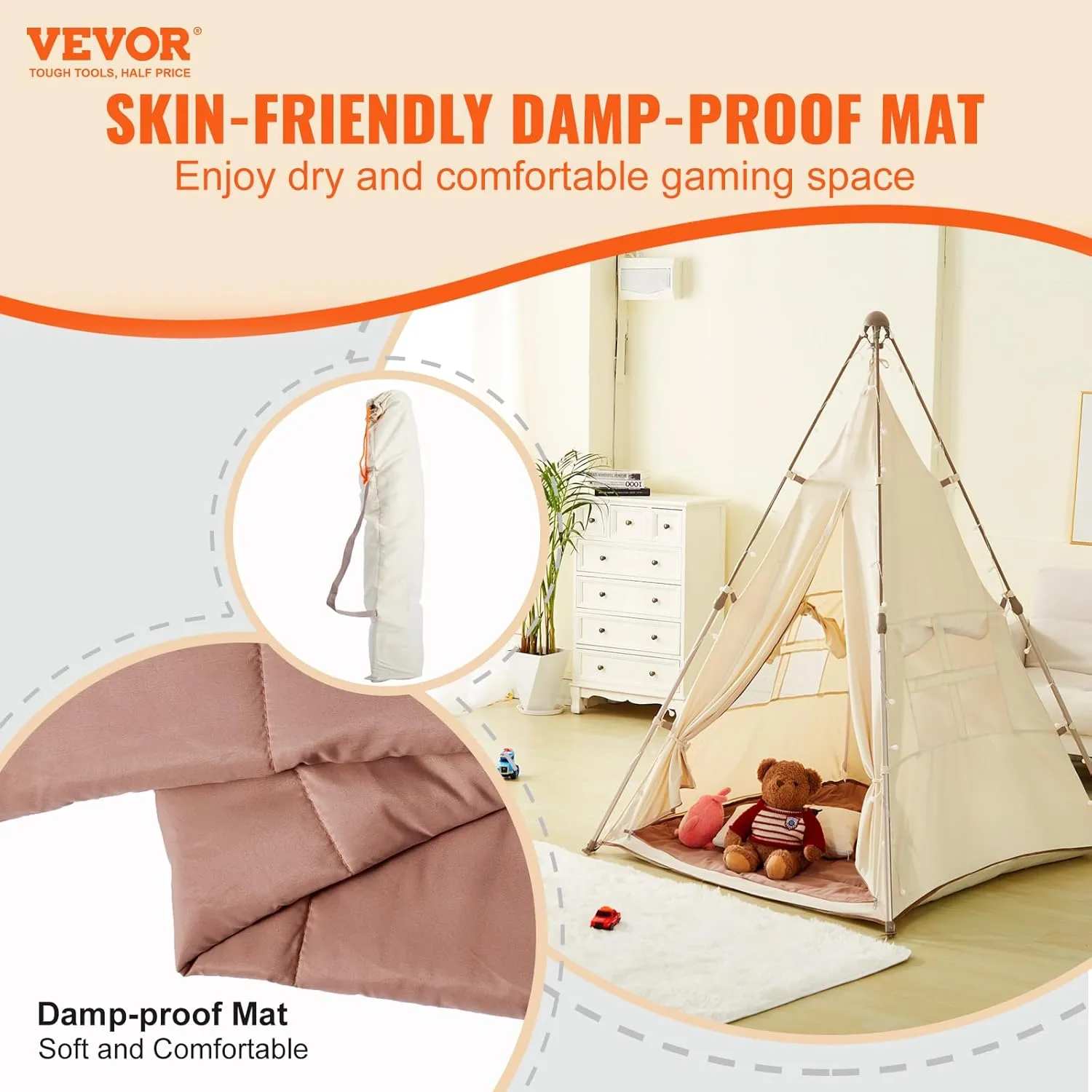 VEVOR Kids Play Tent, Teepee Tent for Kids 3-5 Years Old, Tent for Kids with Windows for Indoor and Outdoor, Foldable Toddler Tent with Mat and Carrying Bag, Kids Tent for Boys and Girls, Beige