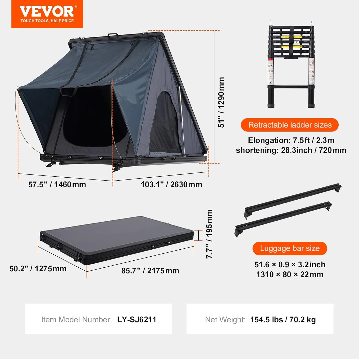 VEVOR Rooftop Tent Hard Shell, Roof Top Tent for Car SUV Truck Jeep Van Camping, Roof Tent with Telescopic Ladder Thick Mattress & LED Strip Light, 2-3 Person Family Camping Tent