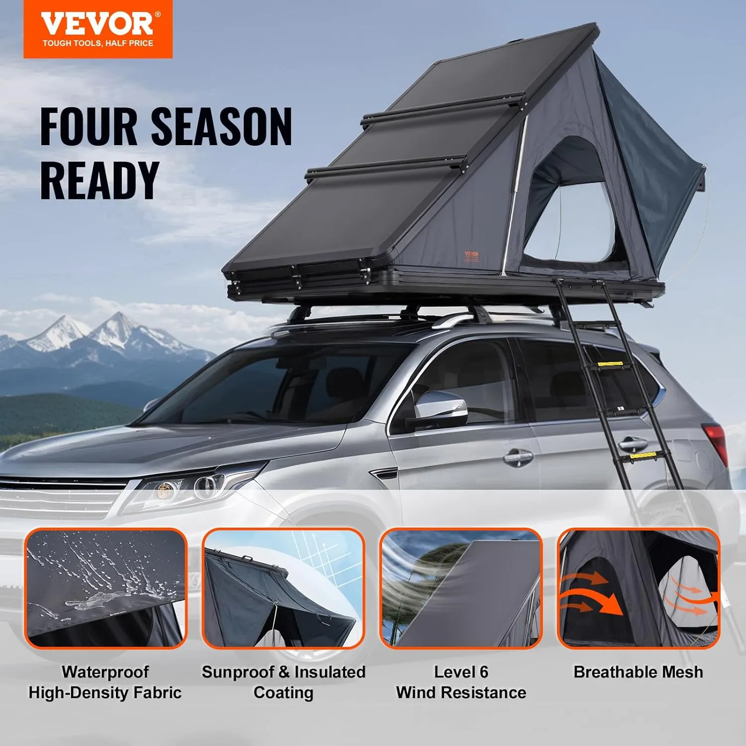VEVOR Rooftop Tent Hard Shell, Roof Top Tent for Car SUV Truck Jeep Van Camping, Roof Tent with Telescopic Ladder Thick Mattress & LED Strip Light, 2-3 Person Family Camping Tent