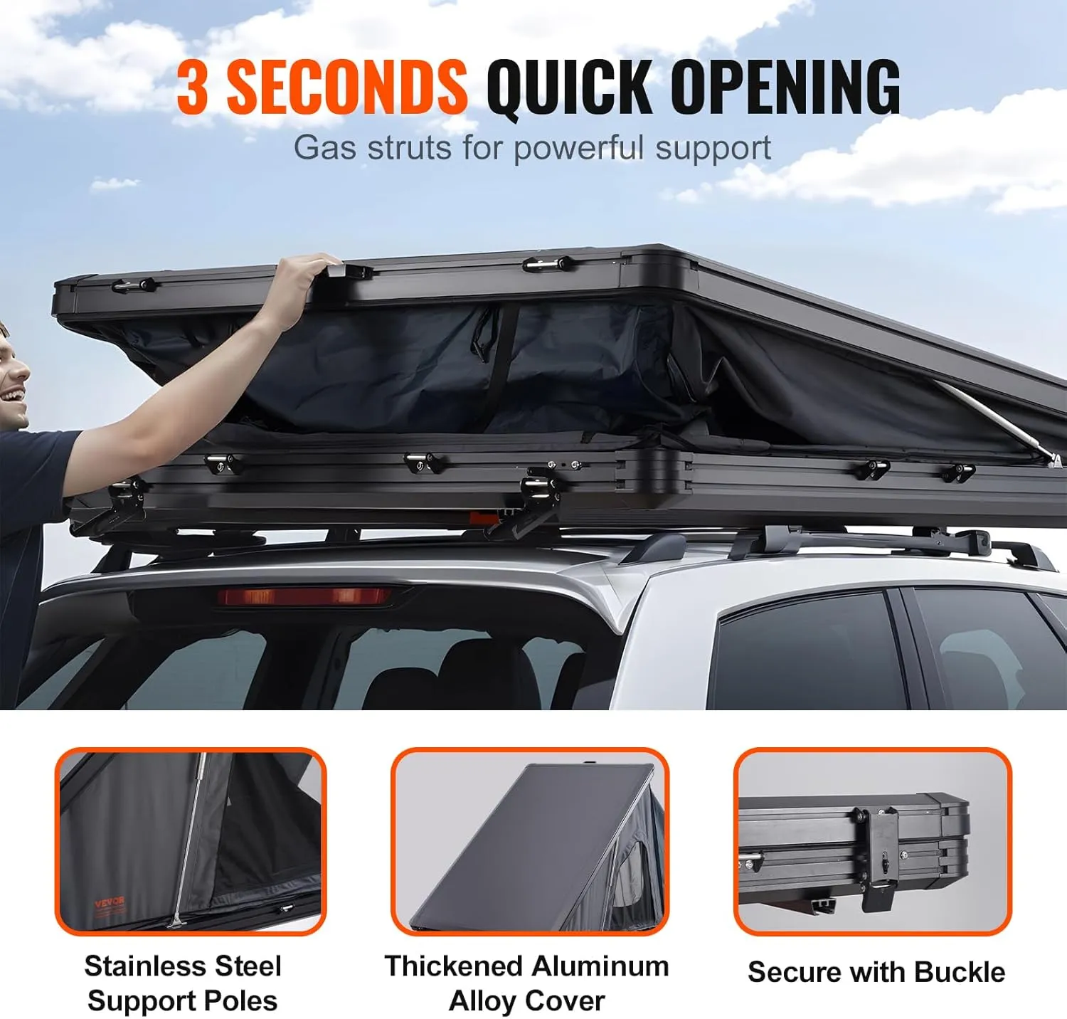 VEVOR Rooftop Tent Hard Shell, Roof Top Tent for Car SUV Truck Jeep Van Camping, Roof Tent with Telescopic Ladder Thick Mattress & LED Strip Light, 2-3 Person Family Camping Tent