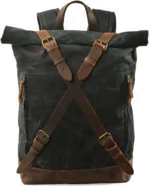 Vintage Internal Frame Backpacks Rolltop Canvas Backpack Travel Rucksack Hiking Backpack Outdoor Duffle Bags Trekking Daypacks for Men Women Sport Travel Camping Mountaineer Knapsack Black