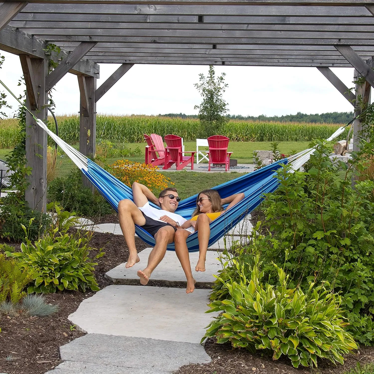 Vivere Brazilian Style Double Cotton Hammock with Polyester End Strings, 450 lb Weight Capacity (Island Breeze)