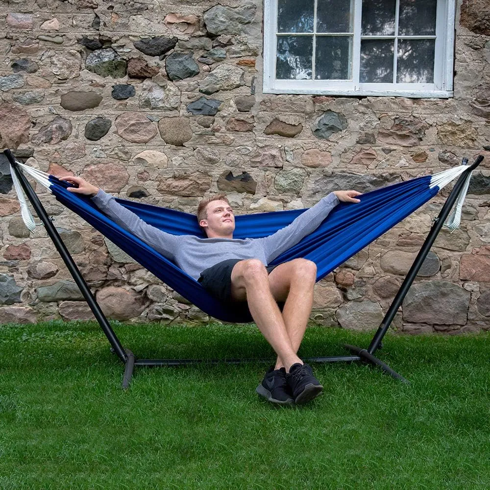 Vivere Double Polyester Hammock with Space Saving Steel Stand and Premium Carry Bag - 450 lb Capacity (Royal Blue)