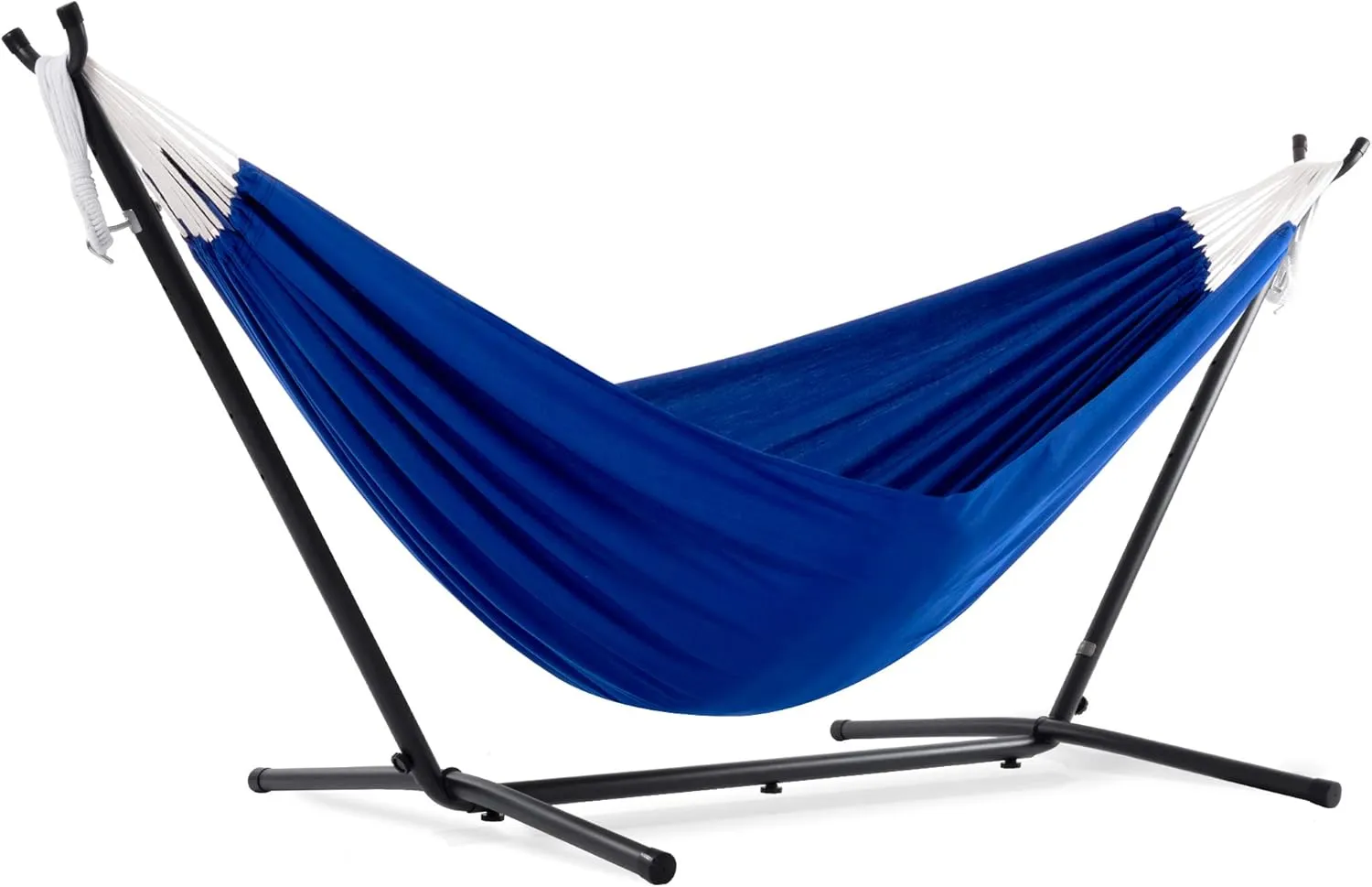Vivere Double Polyester Hammock with Space Saving Steel Stand and Premium Carry Bag - 450 lb Capacity (Royal Blue)