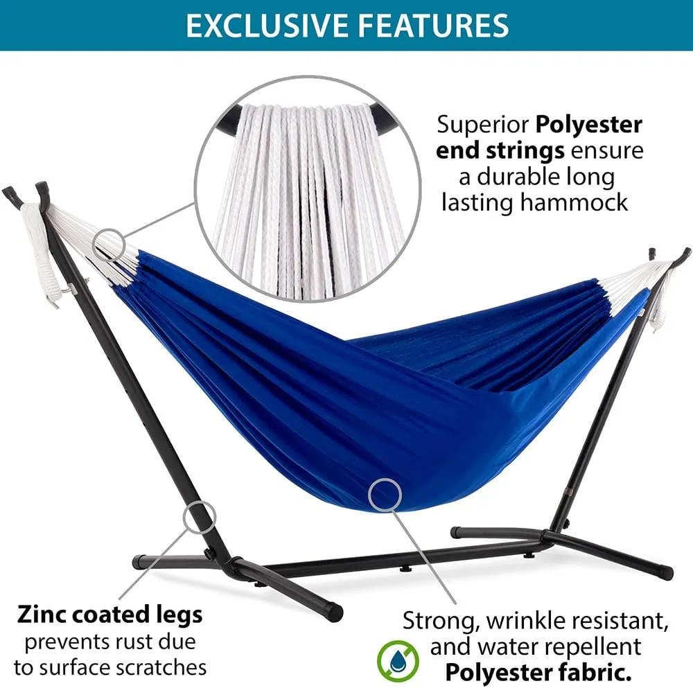 Vivere Double Polyester Hammock with Space Saving Steel Stand and Premium Carry Bag - 450 lb Capacity (Royal Blue)