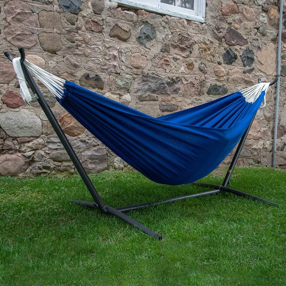 Vivere Double Polyester Hammock with Space Saving Steel Stand and Premium Carry Bag - 450 lb Capacity (Royal Blue)