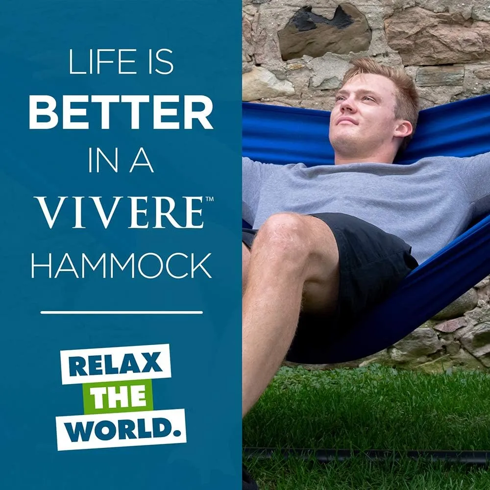 Vivere Double Polyester Hammock with Space Saving Steel Stand and Premium Carry Bag - 450 lb Capacity (Royal Blue)