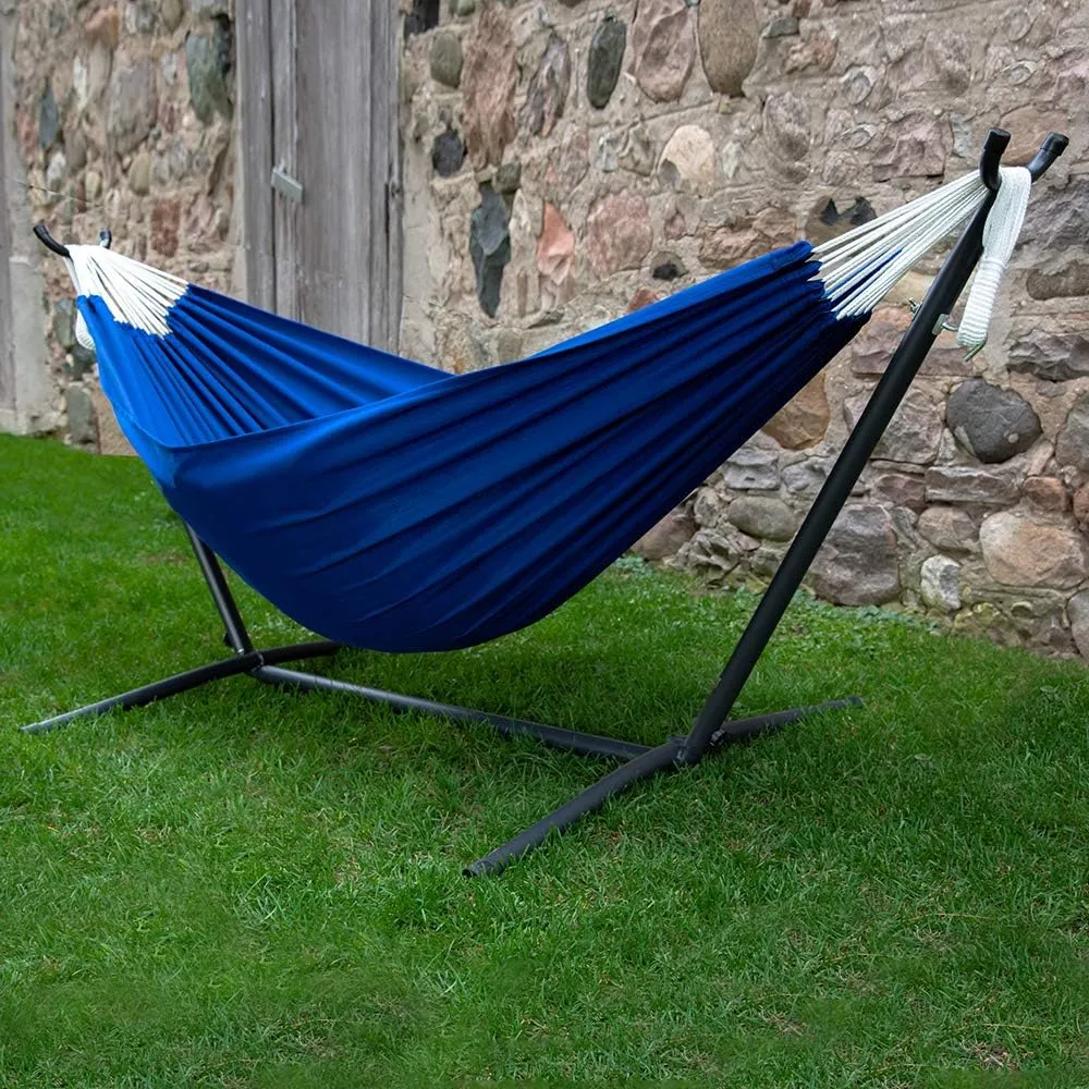 Vivere Double Polyester Hammock with Space Saving Steel Stand and Premium Carry Bag - 450 lb Capacity (Royal Blue)