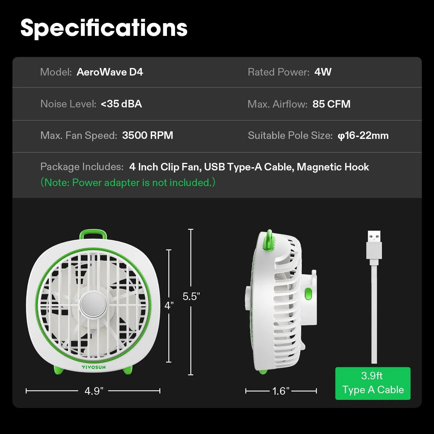 VIVOSUN AeroWave D4, 4” Grow Tent Clip Fan with Detachable Hook, 3-Speed Strong & Quiet Airflow, Adjustable Airflow Angle for Hydroponics, Circulation & Cooling, White, 1-Pack