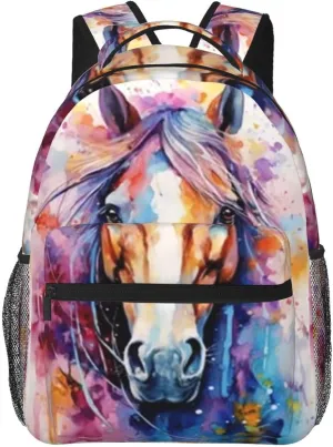 W-atercolor Horse Student Backpack With Adjustable Shoulder Straps And Cushioned Back For Comfort Black
