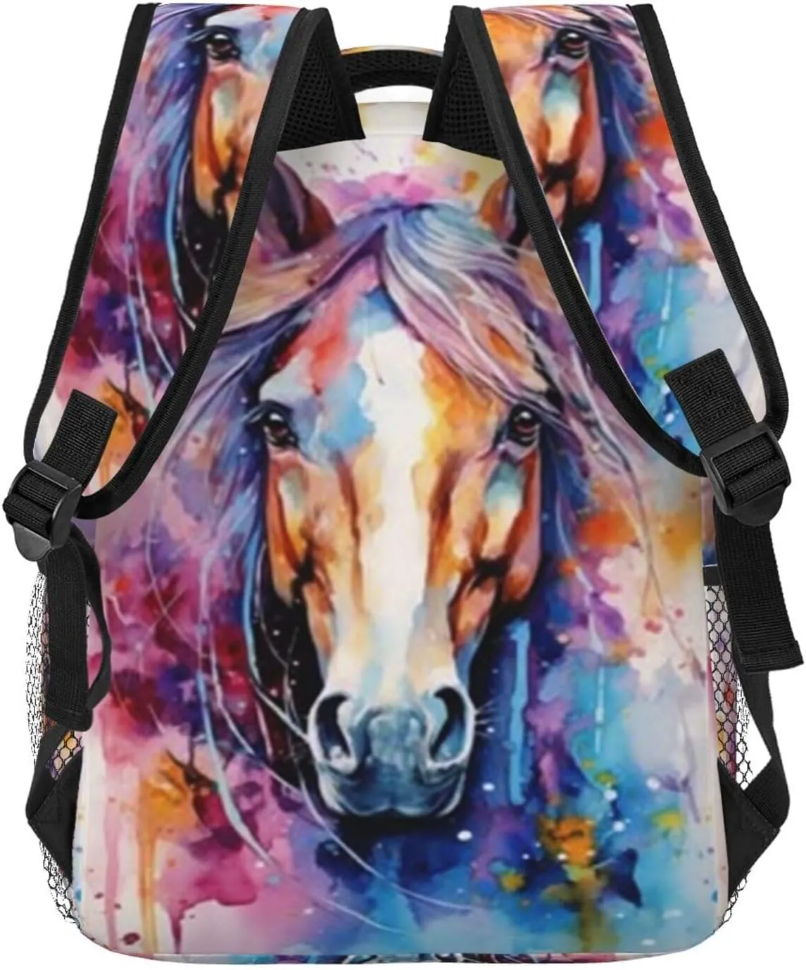 W-atercolor Horse Student Backpack With Adjustable Shoulder Straps And Cushioned Back For Comfort Black