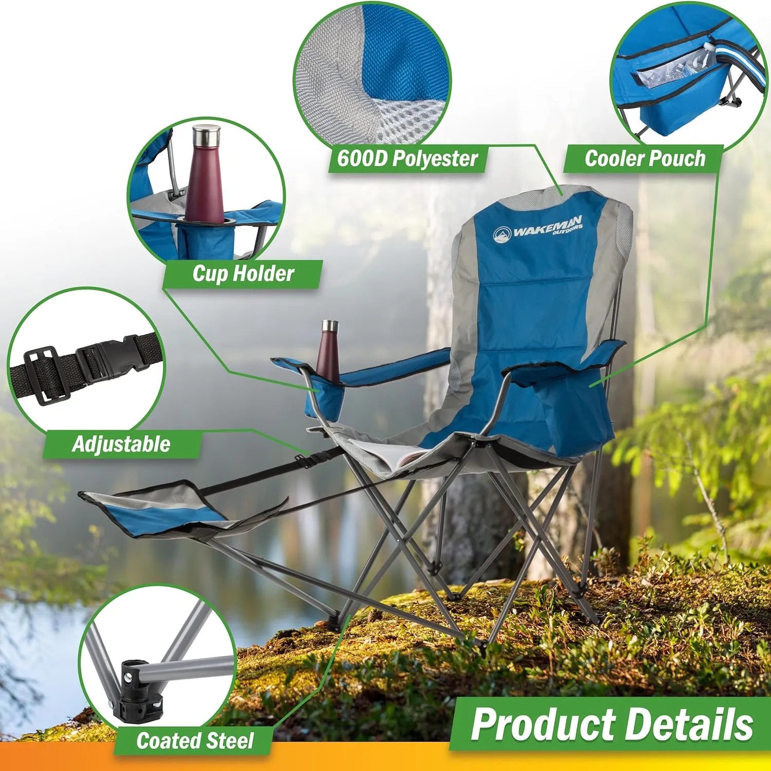 Wakeman Camping Chair with Foot Rest - 300lb Capacity Beach Chair with Footrest, Cupholder, and Cooler Pouch - Portable Chair Outdoors (Blue)