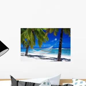 Wallmonkeys WM79960 Hammock Between Palm Trees on Tropical Beach Peel and Stick Wall Decals, 18" W x 12" H-Small