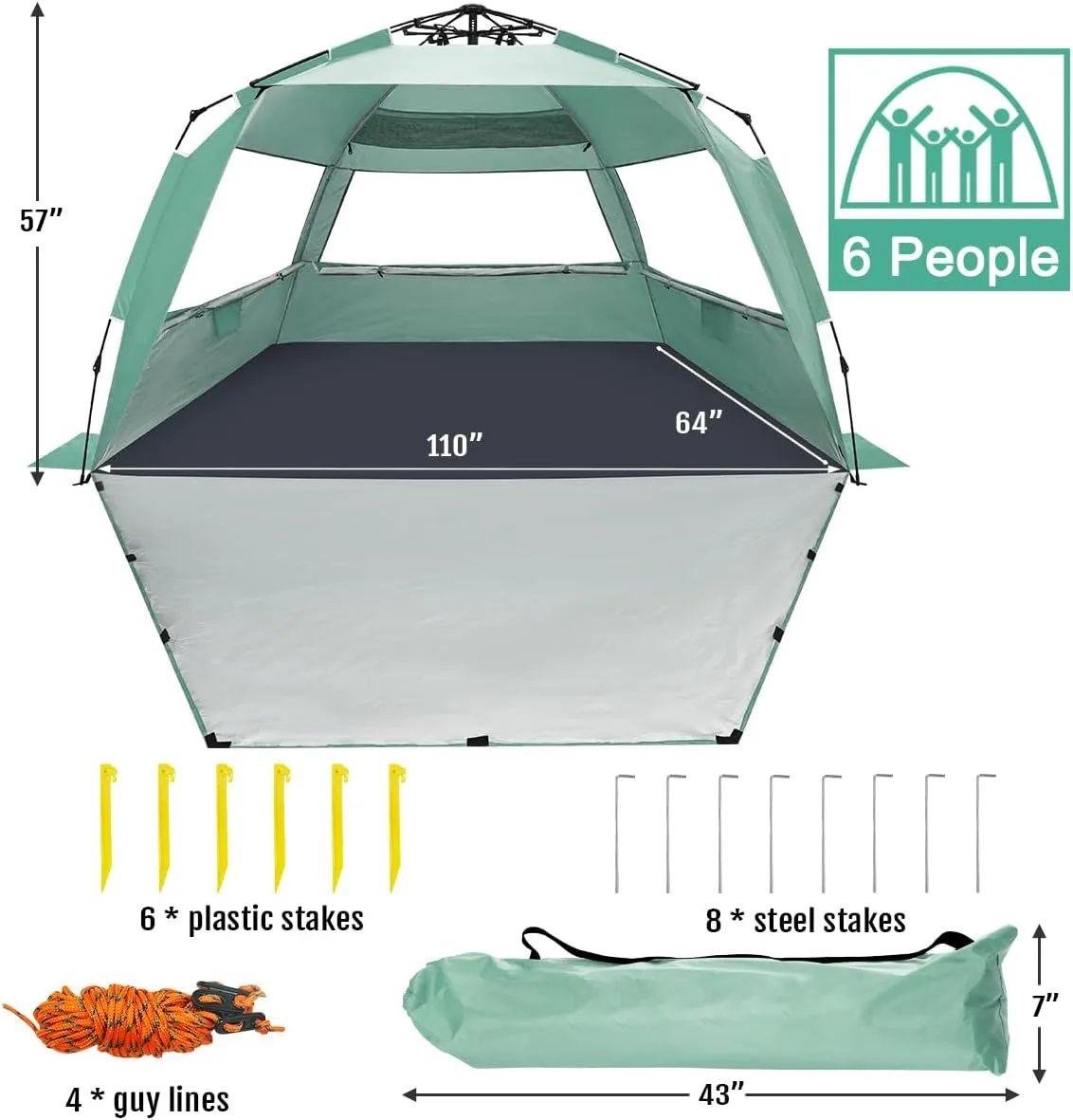 WhiteFang Deluxe Pop Up Beach Tent Sun Shade Shelter for 3-4/5-6 Person, UV Protection, Extendable Floor with 3 Ventilating Windows Plus Carrying Bag, Stakes, and Guy Lines