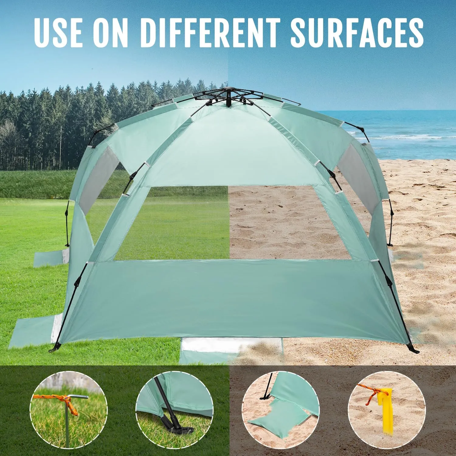 WhiteFang Deluxe Pop Up Beach Tent Sun Shade Shelter for 3-4/5-6 Person, UV Protection, Extendable Floor with 3 Ventilating Windows Plus Carrying Bag, Stakes, and Guy Lines