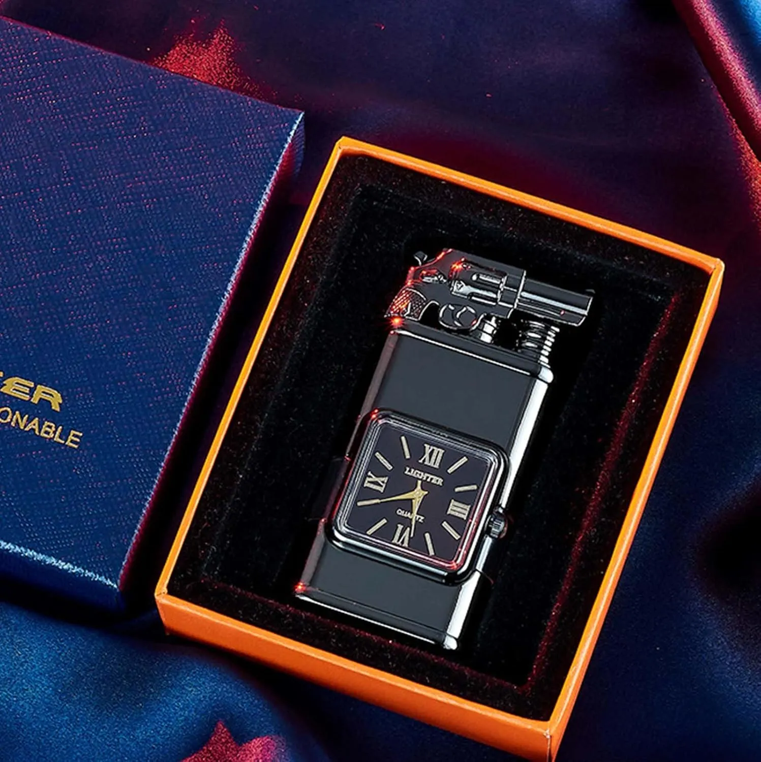 Windproof Dual-Flame Vintage Watch Lighter Refillable Butane Lighter with Adjustable Flame, Transparent Gas Window, and Stylish Metal Design (Butane Gas Not Included) (Red-Dragon)