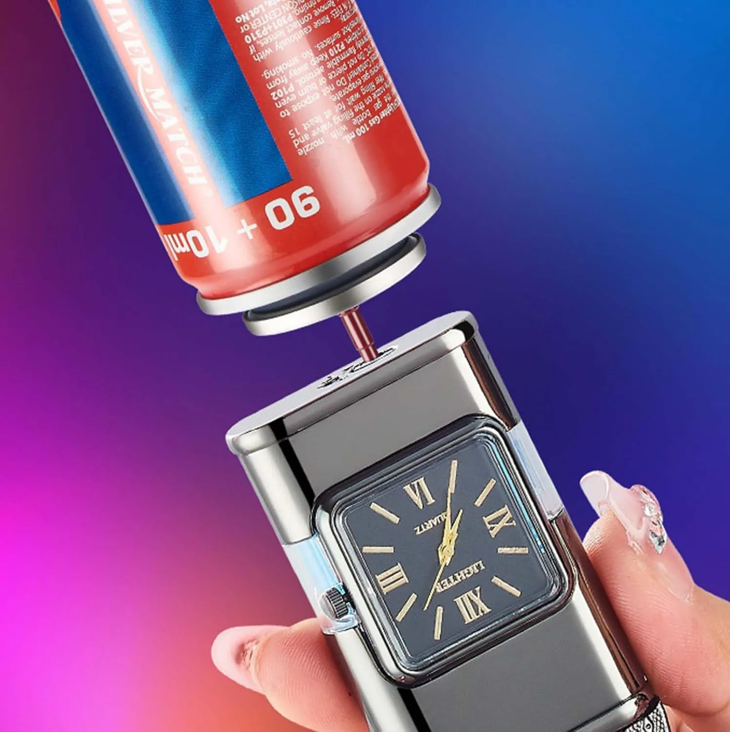 Windproof Dual-Flame Vintage Watch Lighter Refillable Butane Lighter with Adjustable Flame, Transparent Gas Window, and Stylish Metal Design (Butane Gas Not Included) (Red-Dragon)