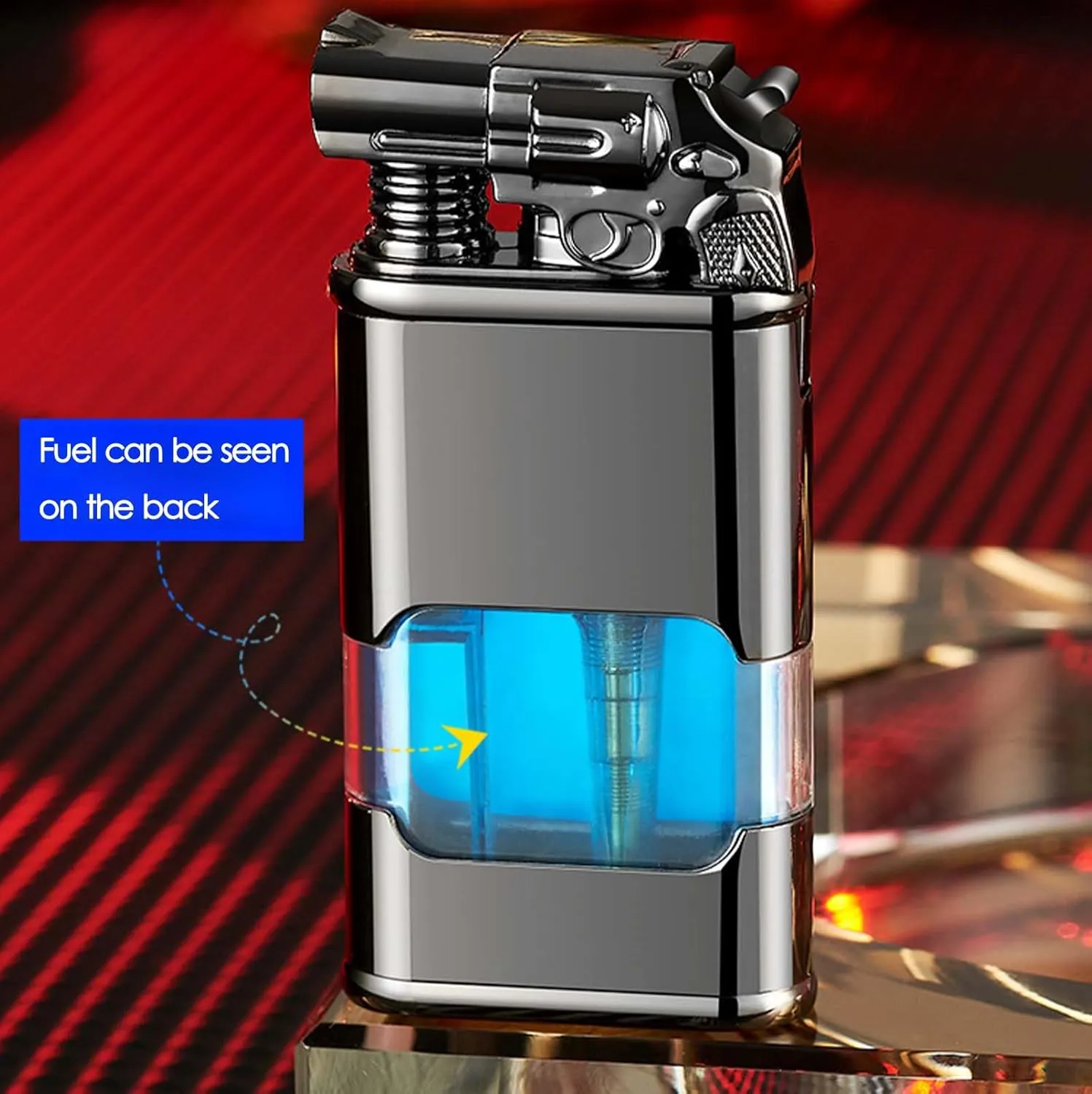 Windproof Dual-Flame Vintage Watch Lighter Refillable Butane Lighter with Adjustable Flame, Transparent Gas Window, and Stylish Metal Design (Butane Gas Not Included) (Red-Dragon)