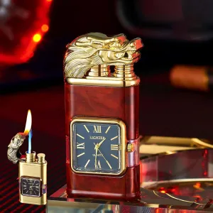 Windproof Dual-Flame Vintage Watch Lighter Refillable Butane Lighter with Adjustable Flame, Transparent Gas Window, and Stylish Metal Design (Butane Gas Not Included) (Red-Dragon)