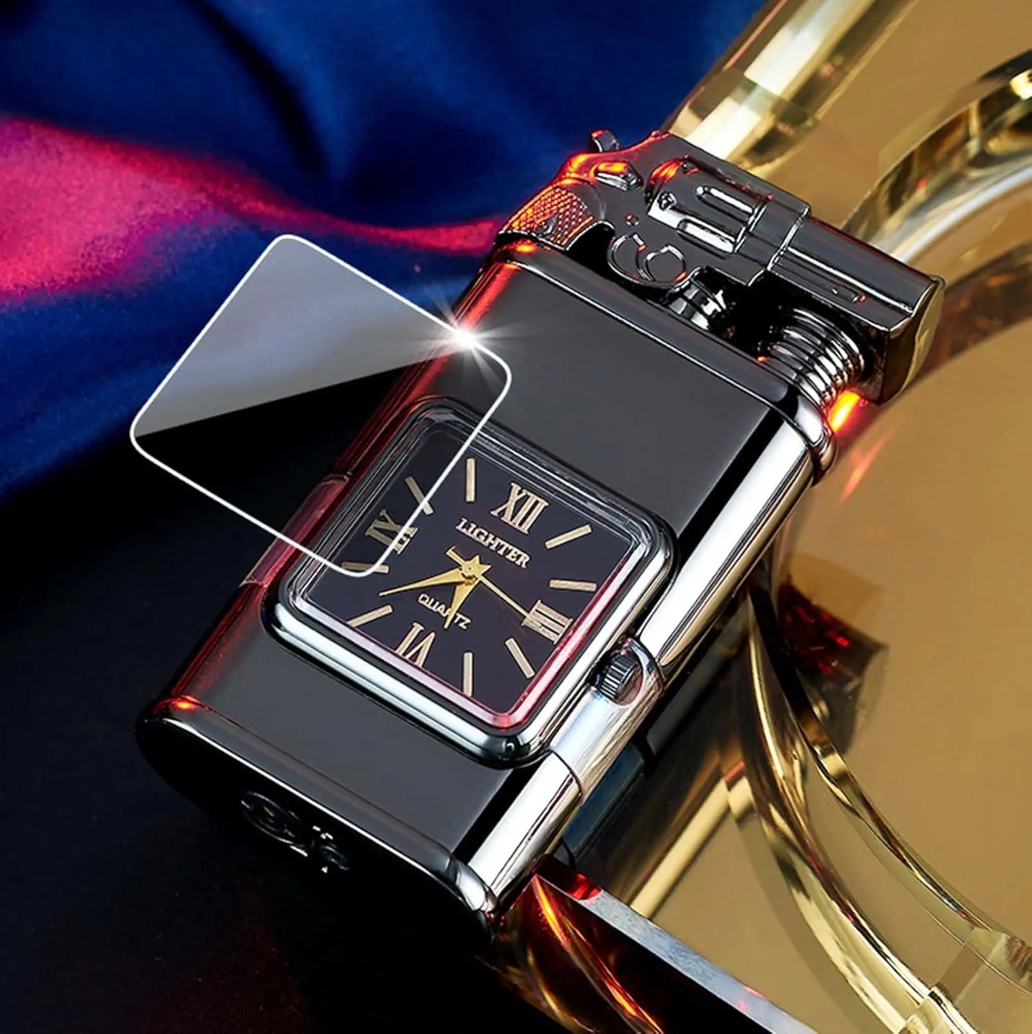 Windproof Dual-Flame Vintage Watch Lighter Refillable Butane Lighter with Adjustable Flame, Transparent Gas Window, and Stylish Metal Design (Butane Gas Not Included) (Red-Dragon)