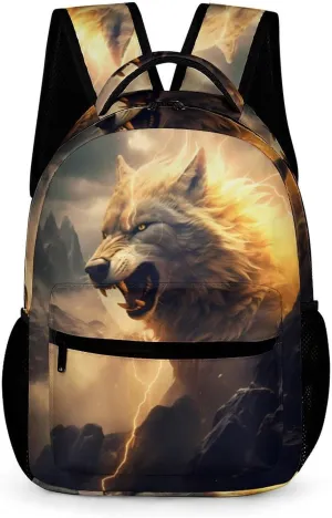 Wolf in Mountains with Thunder Surrounding Backpack Travel Daypack Print Back Pack Lightweight Laptop Shoulder Bag
