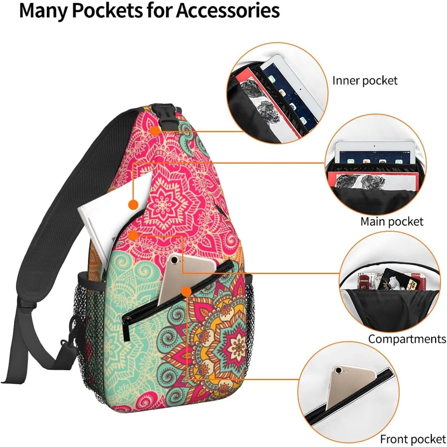 Women Docorative Mandala Pattern Crossbody Sling Backpack for Men Chest Bag Shoulder Bag Lightweight One Strap Backpack Travel Outdoor Daypack
