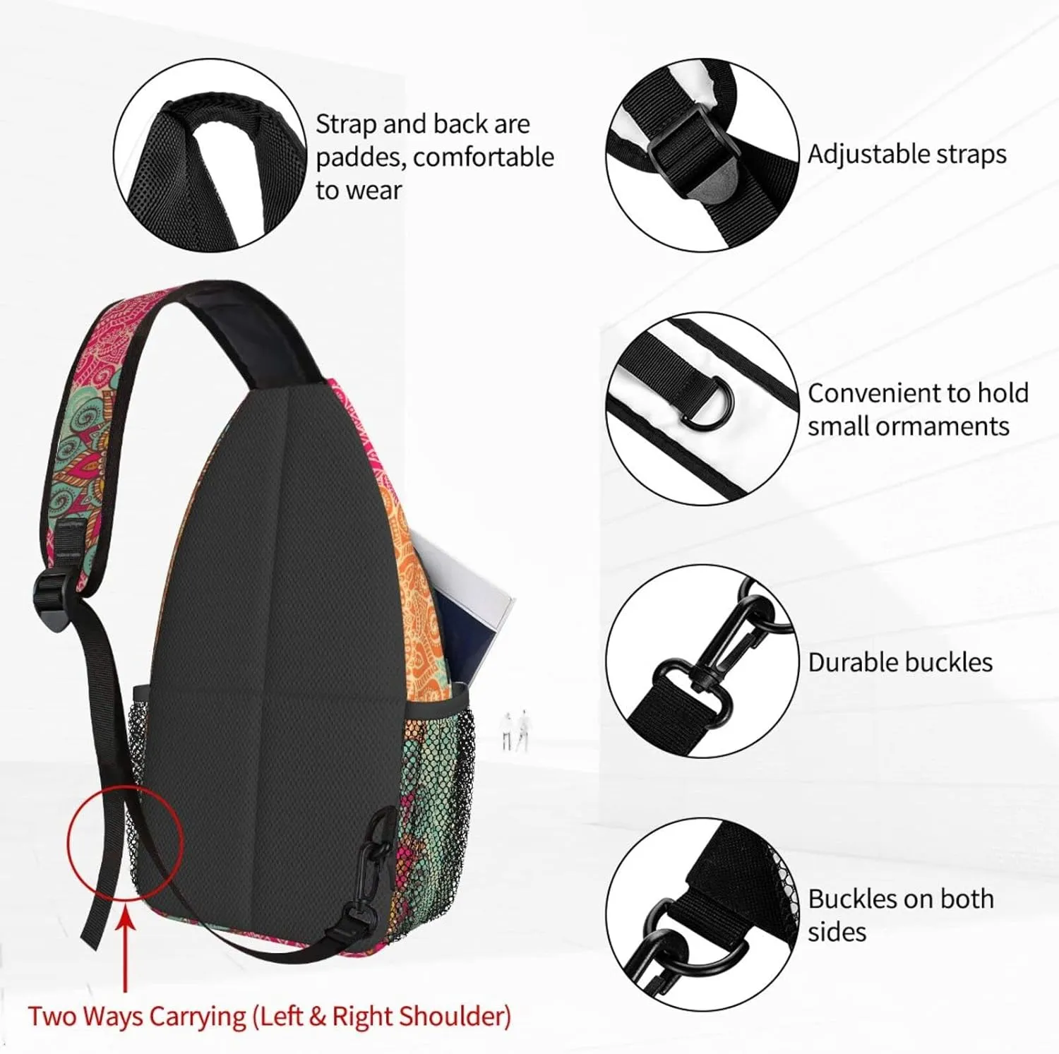 Women Docorative Mandala Pattern Crossbody Sling Backpack for Men Chest Bag Shoulder Bag Lightweight One Strap Backpack Travel Outdoor Daypack