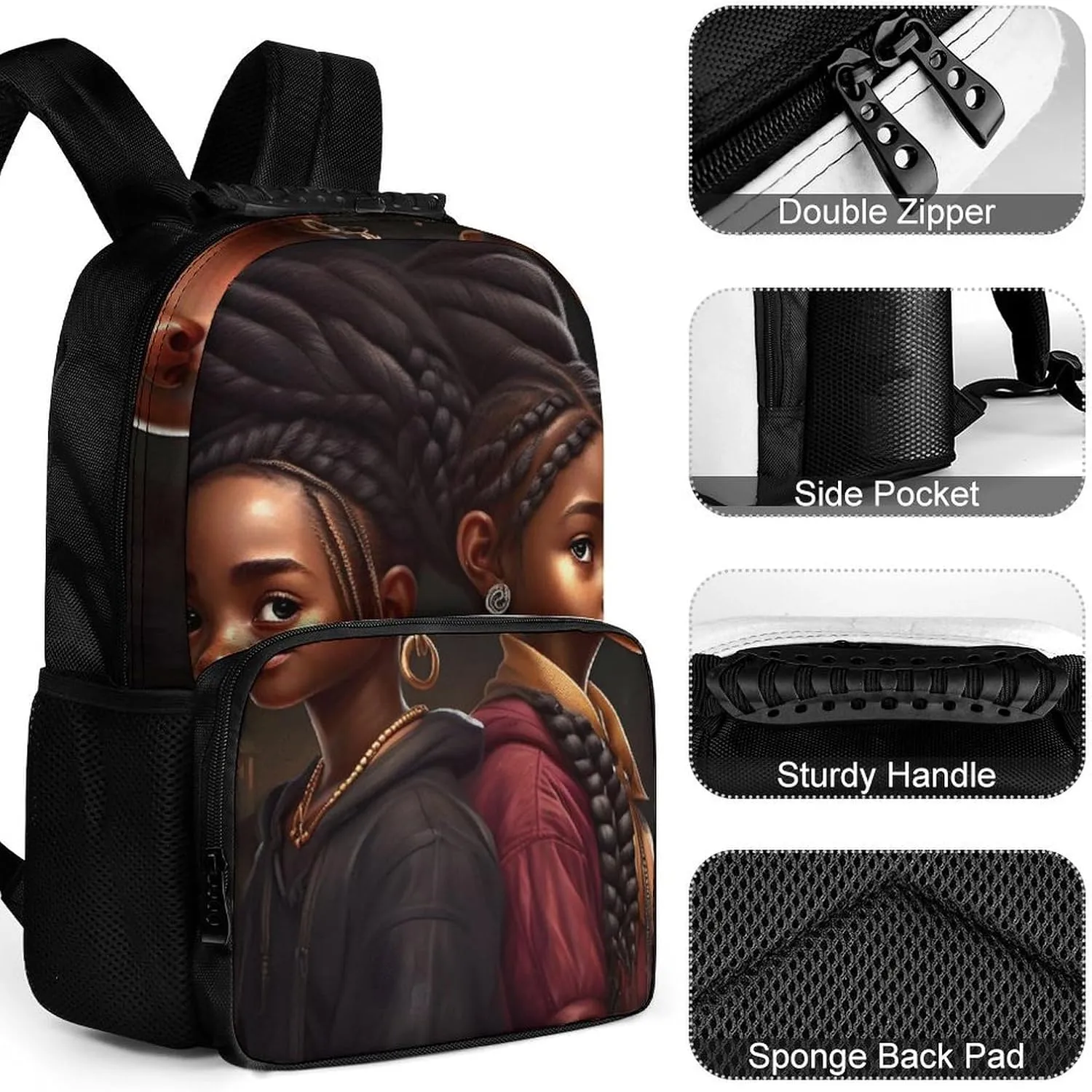 Women Men Polyester African American Black Women Woman Art Casual Daypack Large Capacity Bookbag With Side Pockets for Sports Picnic Walking Cycling