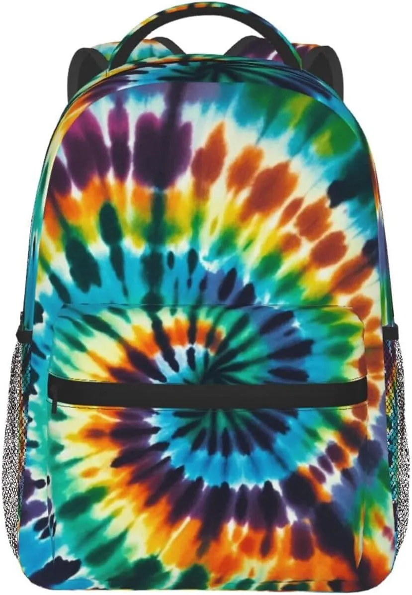 Women Men Polyester Colorful Tie Dye Art Casual Daypack Large Capacity Bookbag With Side Pockets for Sports Picnic Walking Cycling