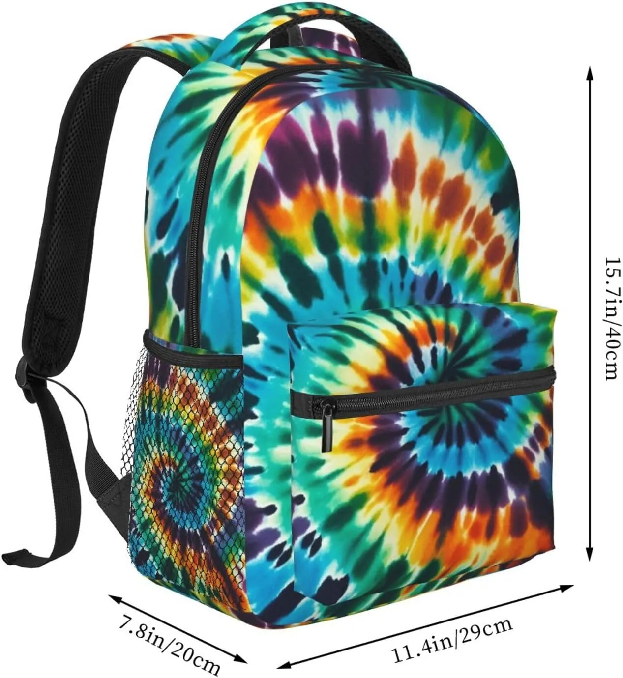 Women Men Polyester Colorful Tie Dye Art Casual Daypack Large Capacity Bookbag With Side Pockets for Sports Picnic Walking Cycling