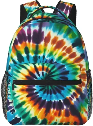 Women Men Polyester Colorful Tie Dye Art Casual Daypack Large Capacity Bookbag With Side Pockets for Sports Picnic Walking Cycling