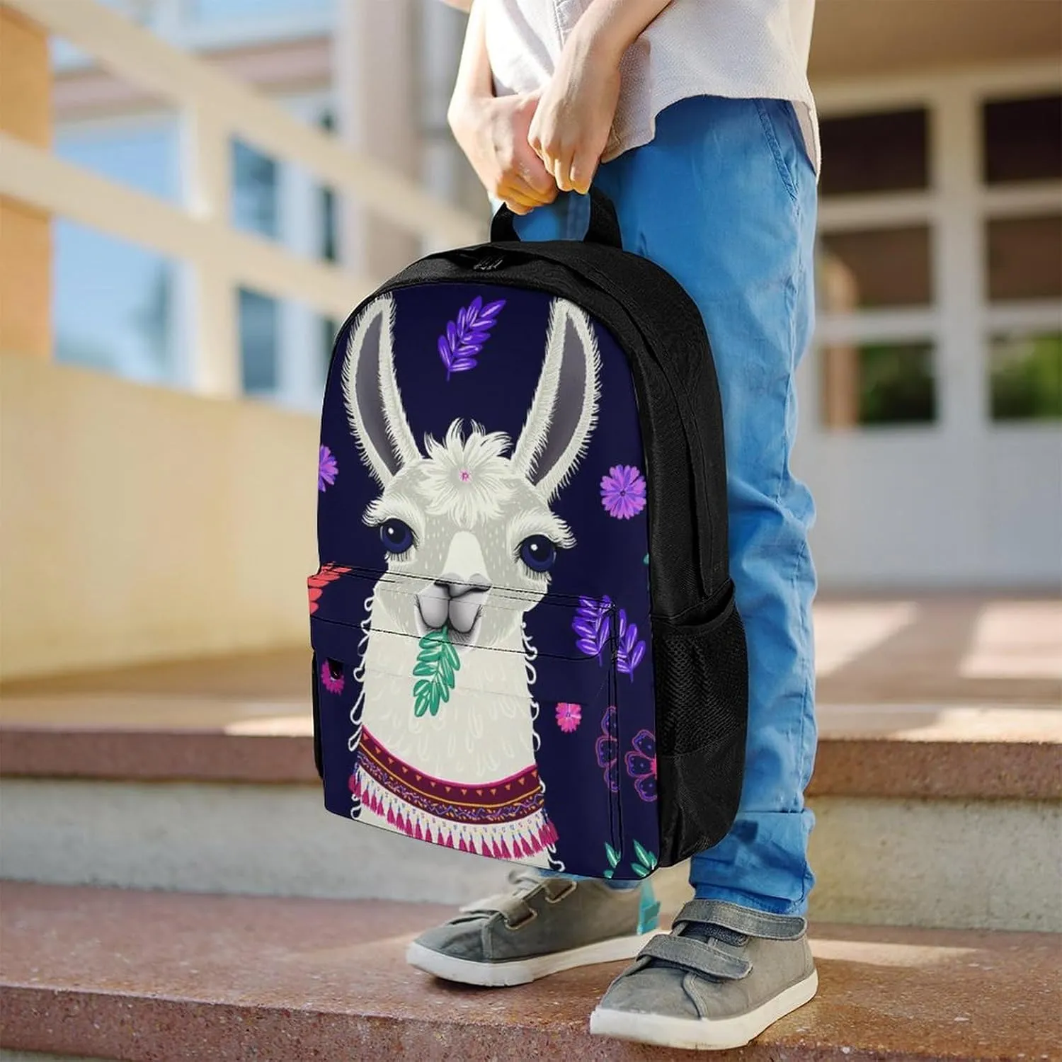 Women Men Polyester Llama Alpaca Flower Leaves Art Casual Daypack Large Capacity Bookbag With Side Pockets for Sports Picnic Walking Cycling