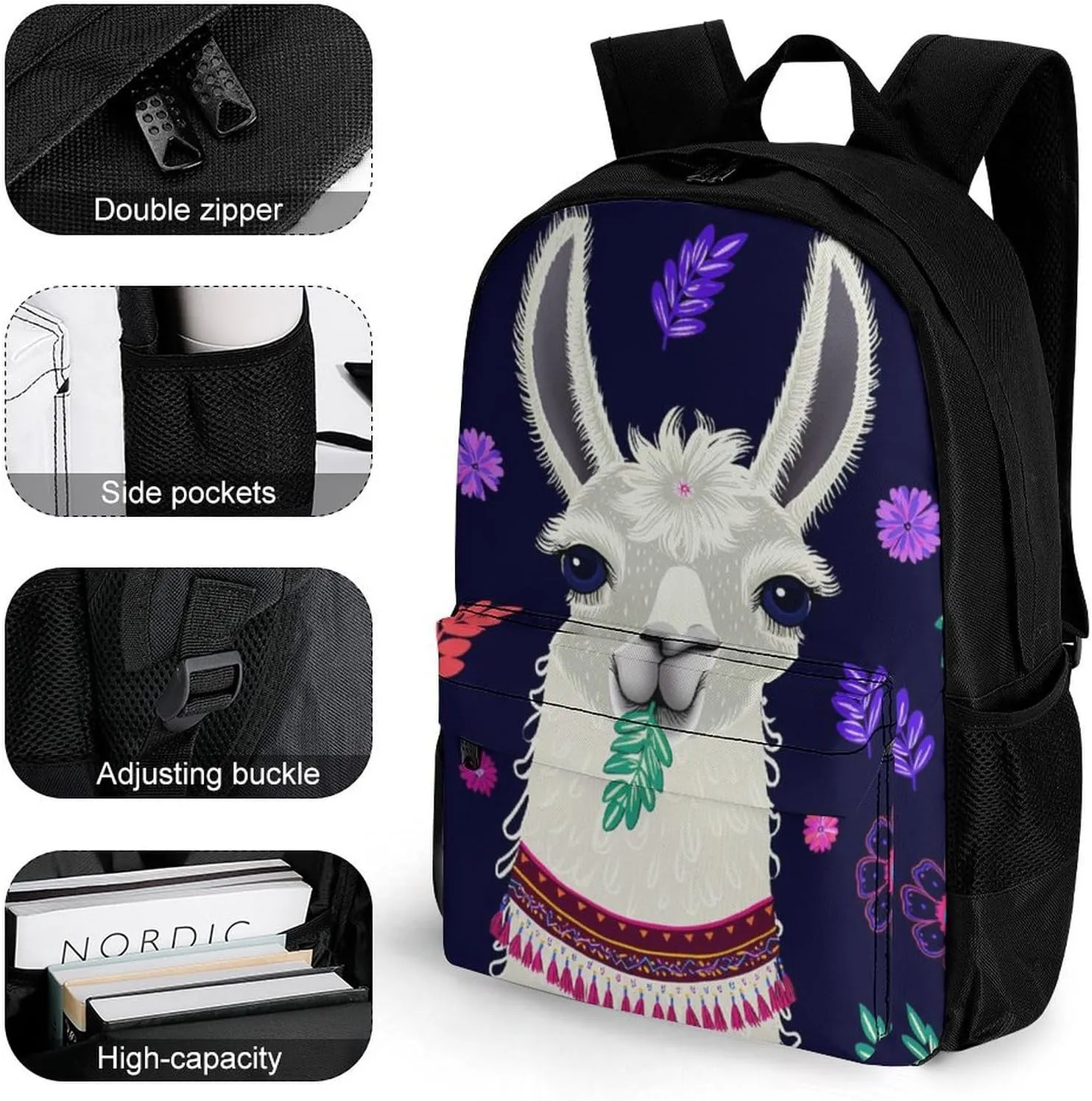 Women Men Polyester Llama Alpaca Flower Leaves Art Casual Daypack Large Capacity Bookbag With Side Pockets for Sports Picnic Walking Cycling